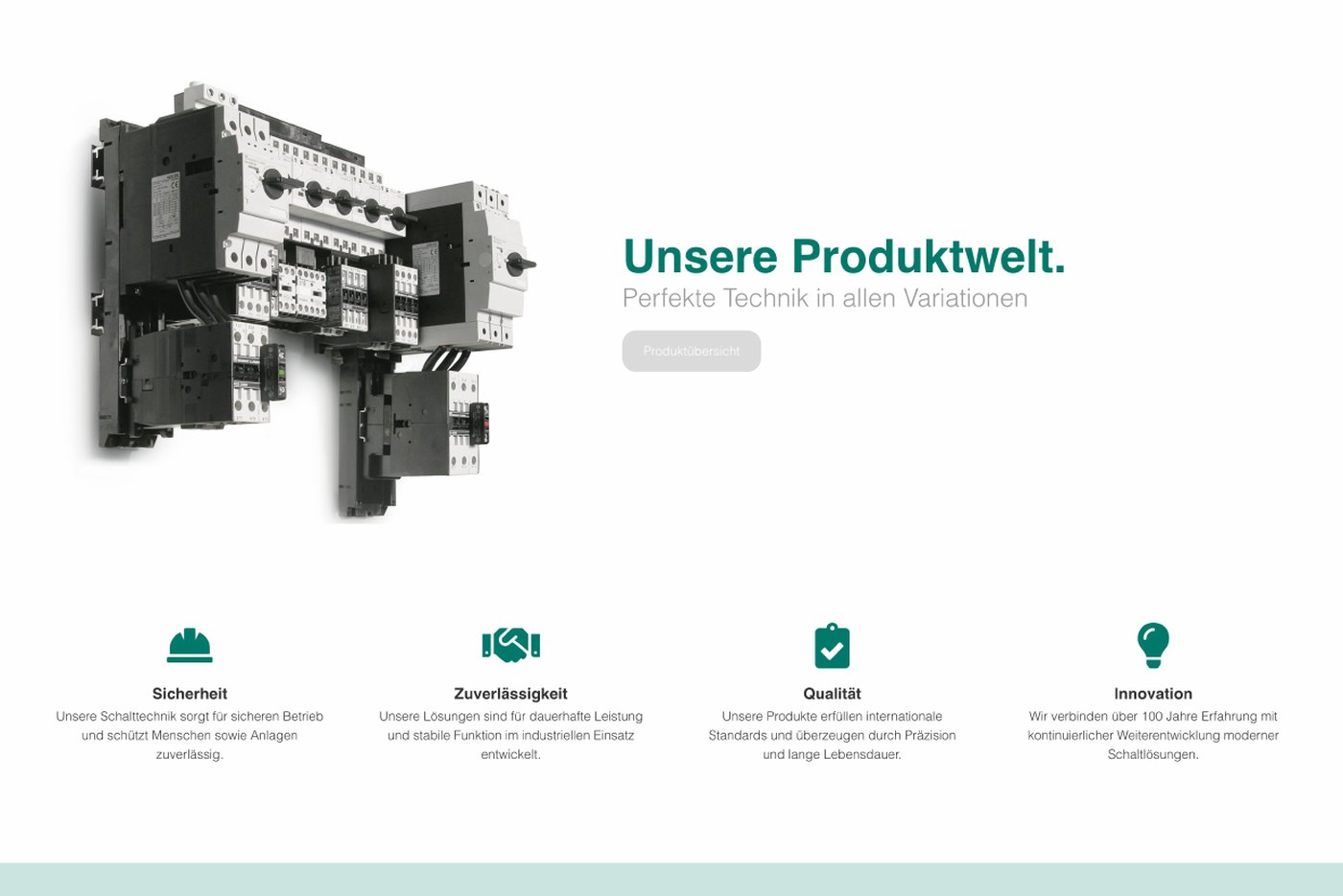 Produktwelt der Unternehmenswebsite mit vier Qualitätsmerkmalen