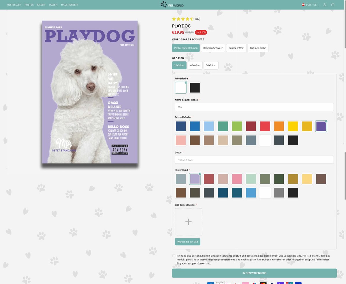 Produktseite mit Personalisierung: Fellfarbe, Name, Akzentfarbe und Bild-Upload