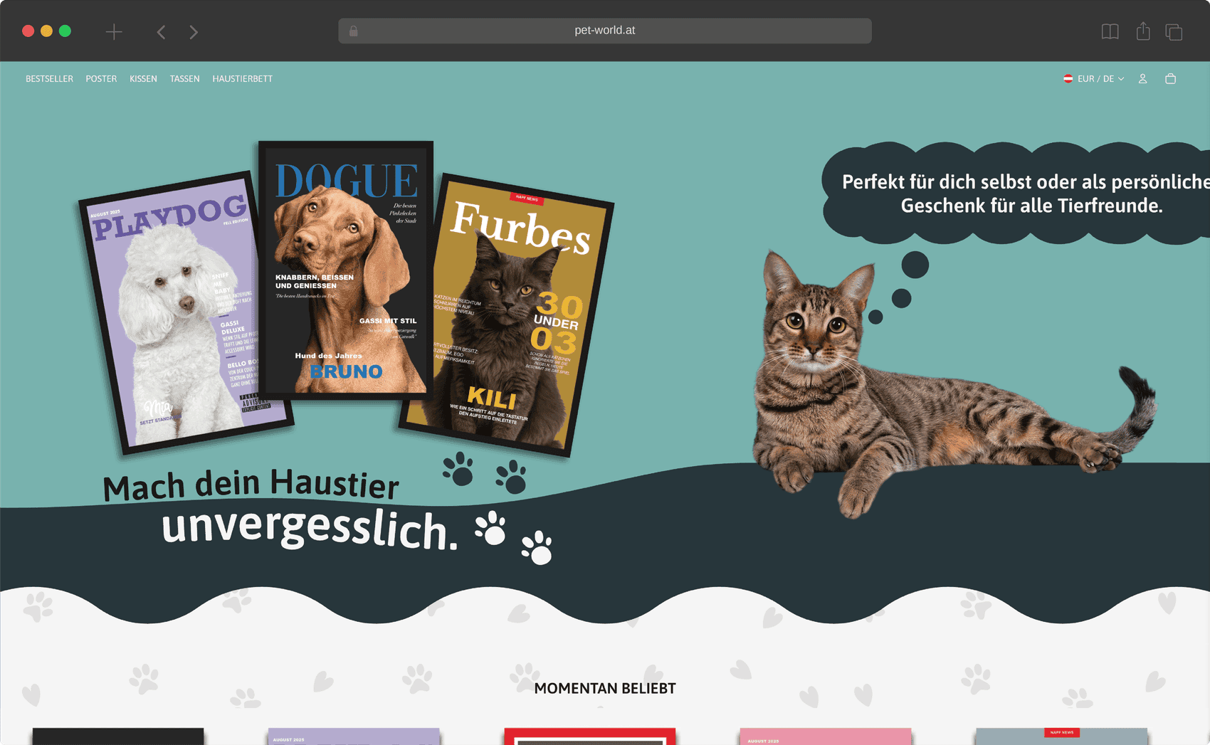 Startseite des Pet World Shops mit den Poster-Motiven im Kopfbereich