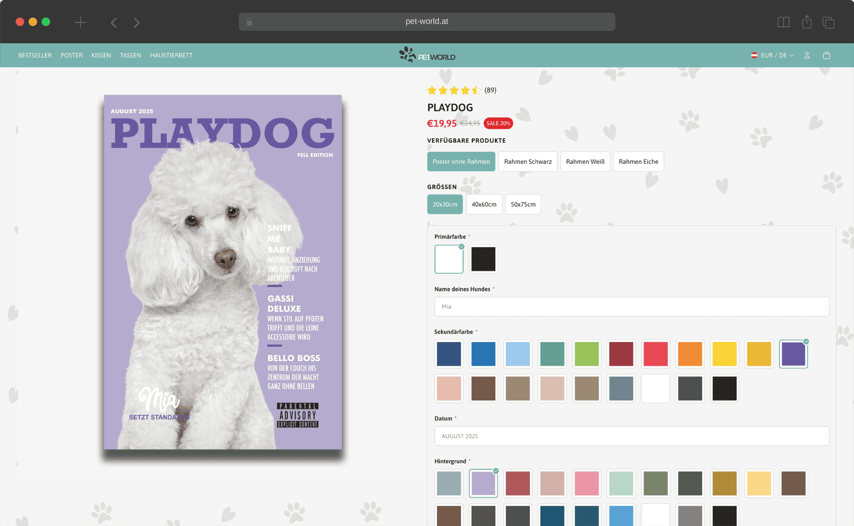 Produktseite des Pet World Shops mit den Feldern für Name, Primärfarbe, Sekundärfarbe, Größe und Rahmen