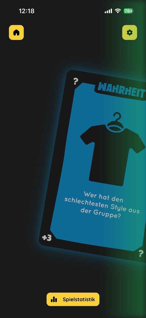App-Ansicht: Wahrheitskarte während der Wischgeste