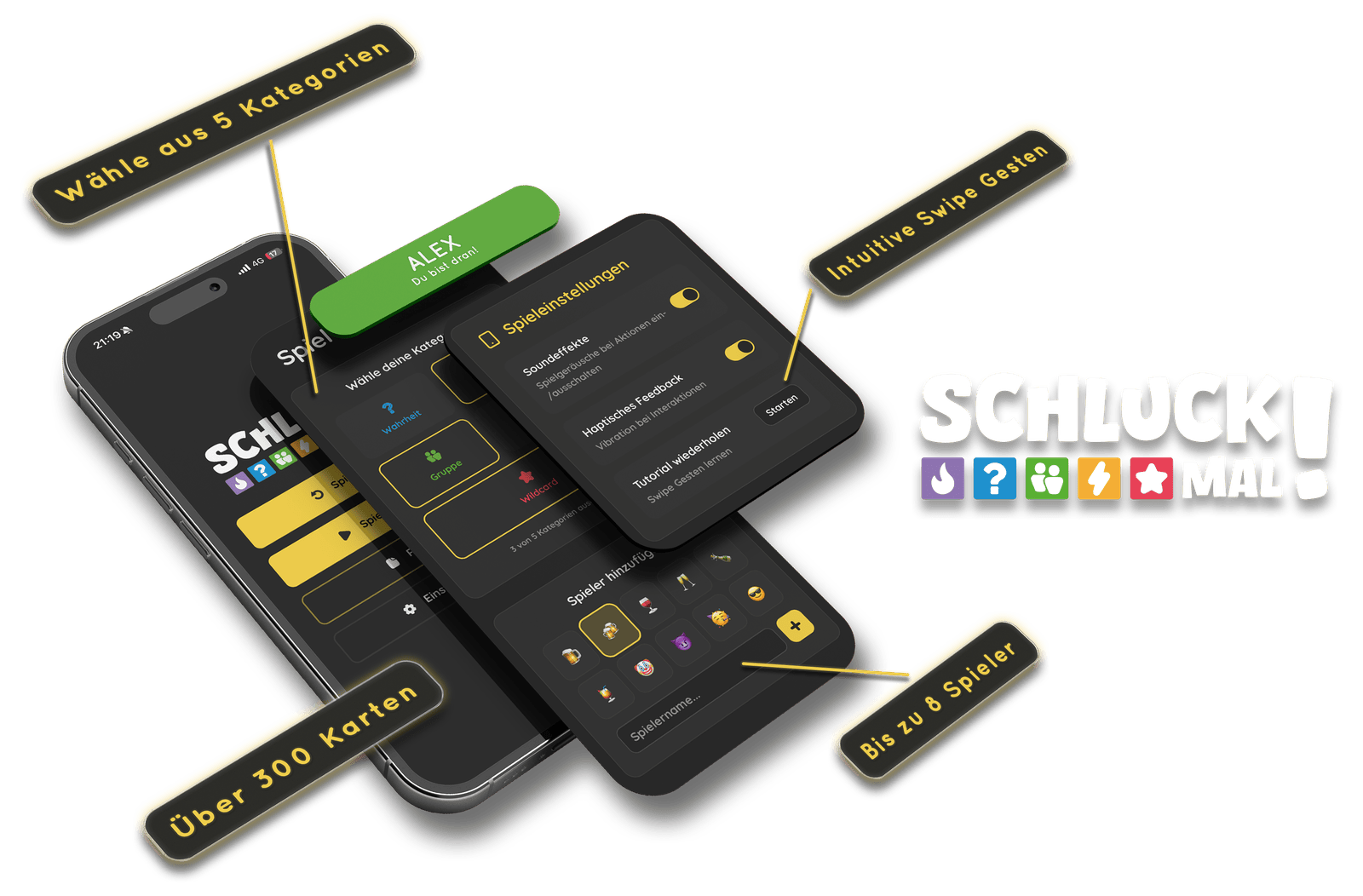 Übersicht der App: Startbildschirm, Kategorienwahl, Einstellungen und Spielerauswahl