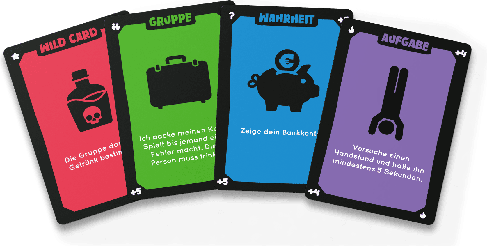 Schluck mal!, vier Karten aus den Kategorien Wild Card, Gruppe, Wahrheit und Aufgabe